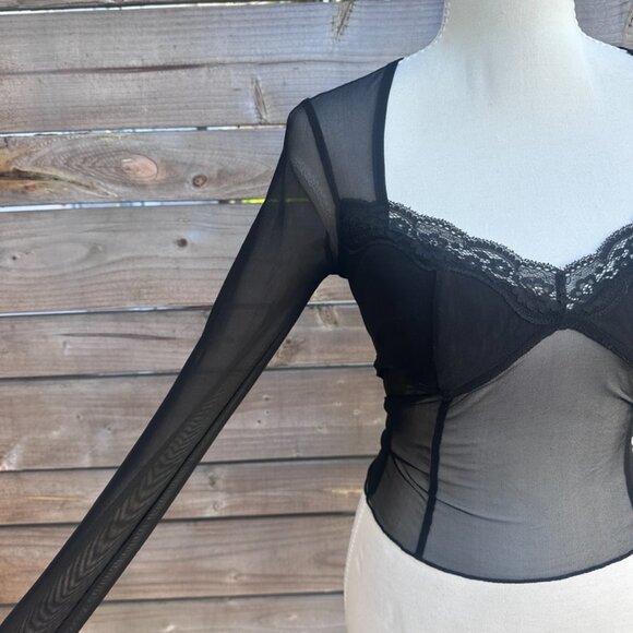 I.AM.GIA Gianna Mesh Long Sleeve Top Black Sheer Lace Trim - S - Picture 2 of 10